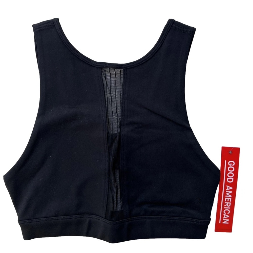 black Good American pin tuck mesh sports bra | open cut out back | mesh accent